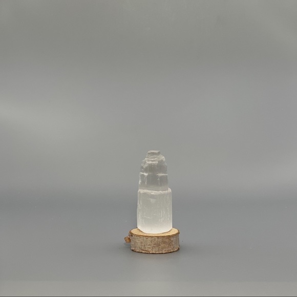 Selenite Skyscaper Tower & Tree Slice Base & Card - Picture 9 of 9